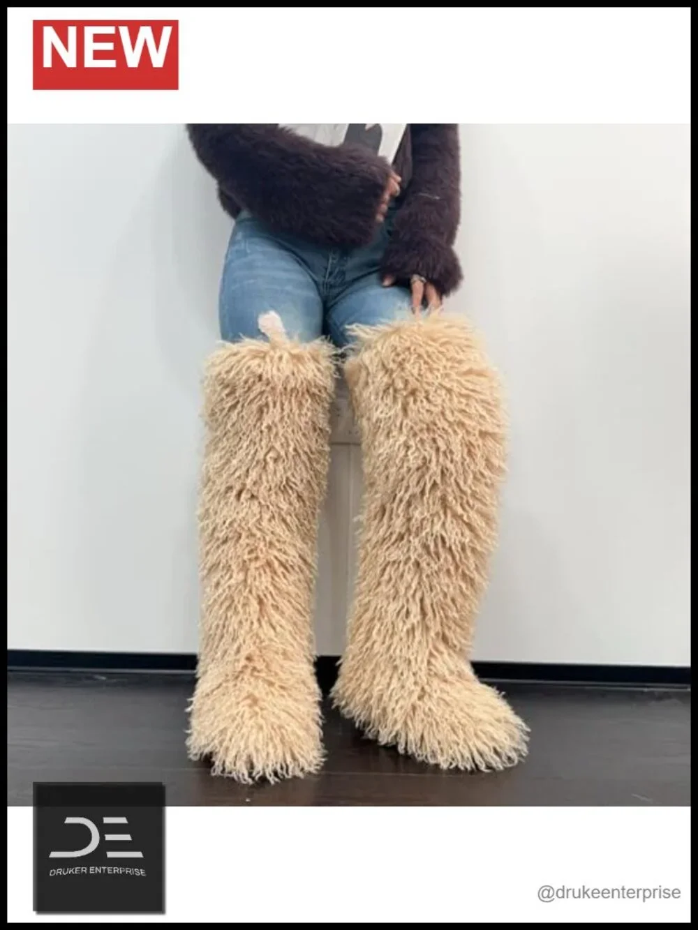 Thigh High Shaggy Teddy Fur Over the Knee Boots for Women, Fluffy Faux Fur Tall